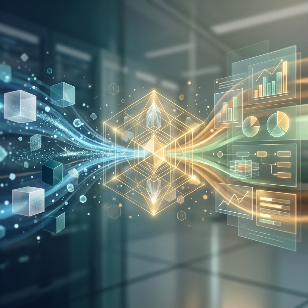 Abstract digital data streams converging with analytics dashboards and geometric network core